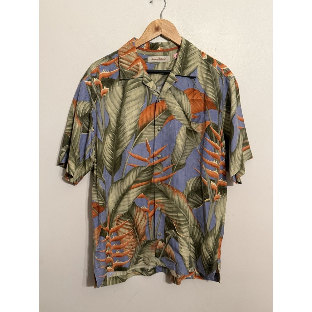 Tommy Bahama Men's Blue Silk Bird Of Paradise Button Down Pocket Size Medium